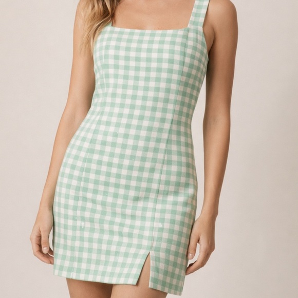 Mable Dresses & Skirts - Green Gingham Mini Dress Cottagecore Square Neck Front Slit Small